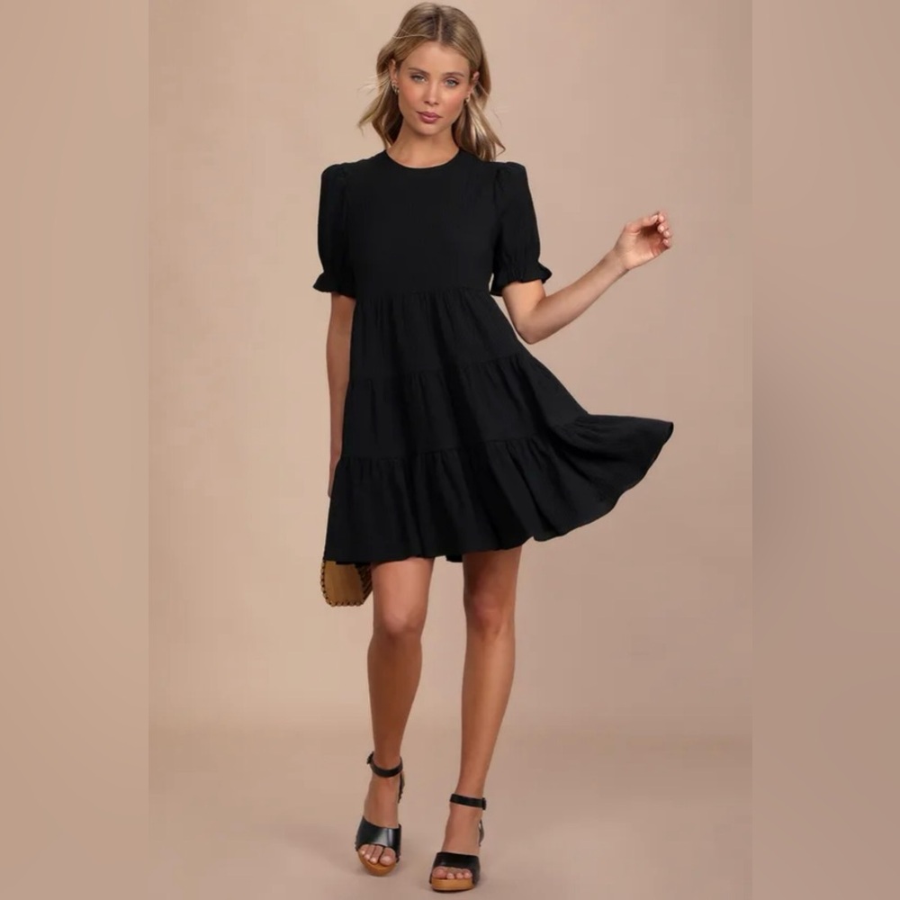 NWT Lulu's Favourite Day Black Puff Sleeve Tiered Mini Dress